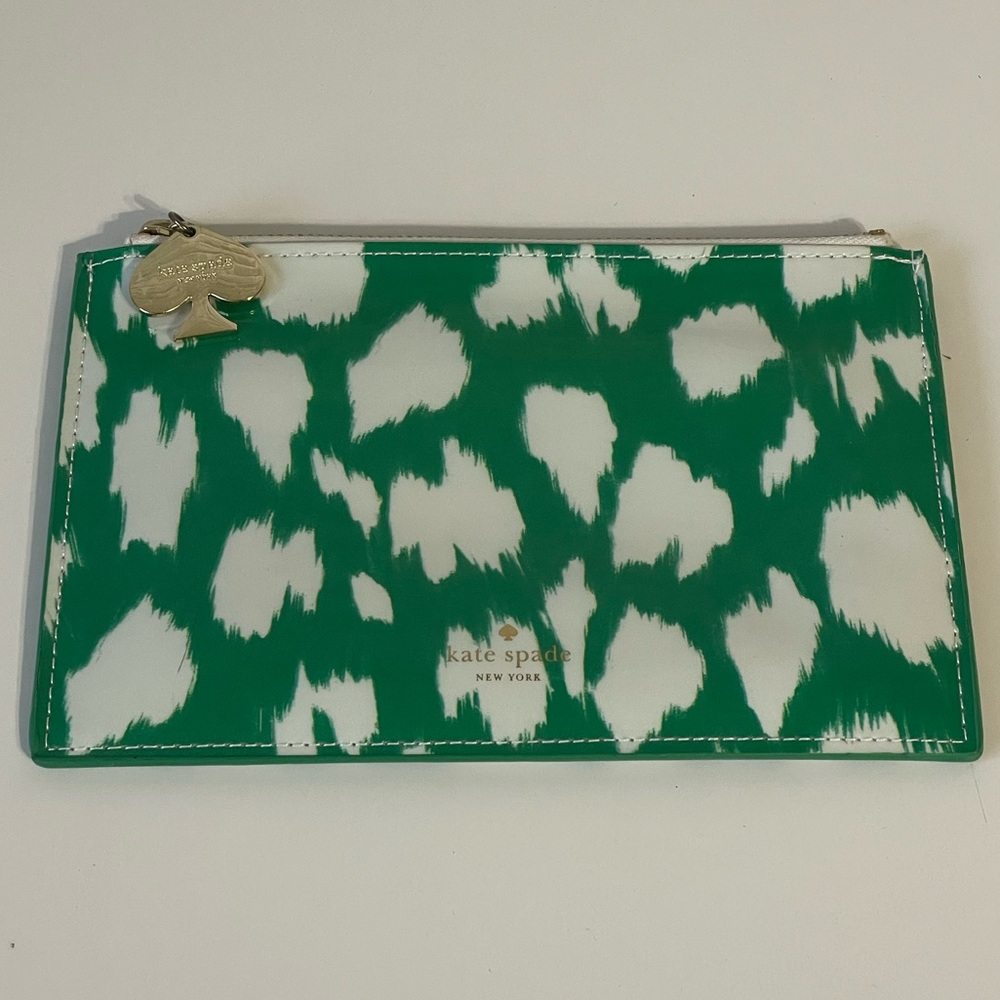 kate spade Green Leopard Print Pencil Pouch Makeup Cosmetic Bag